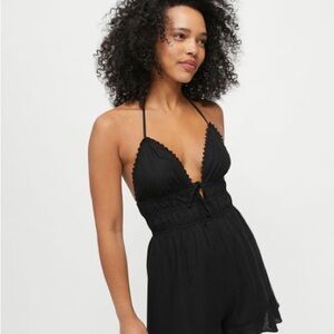 Urban Outfitters UO Jessie Plunging Halter Romper in Black